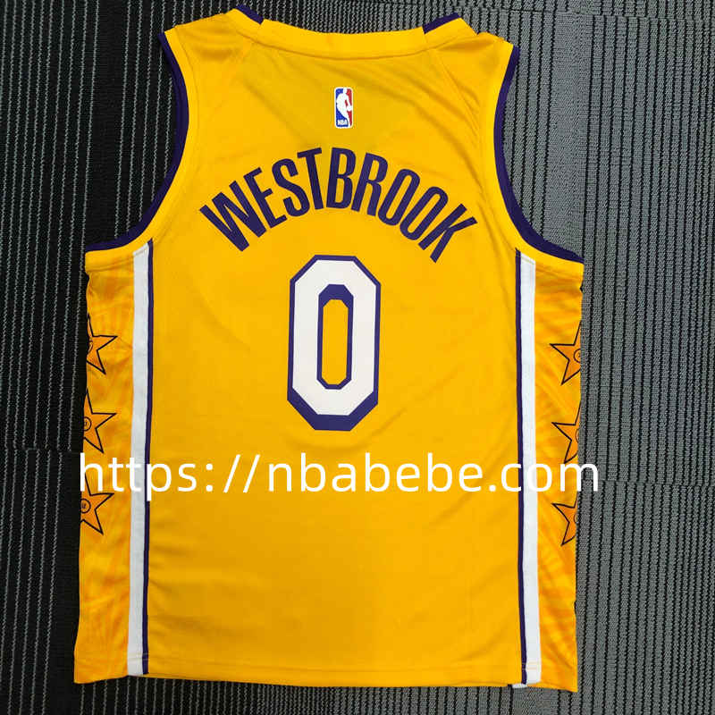 Maillot de Basket NBA Lakers 2022 Westbrook 0 jaune col v avec étoile 2