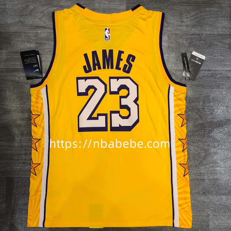 Maillot de Basket NBA Lakers James 23 jaune col v avec étoile 2